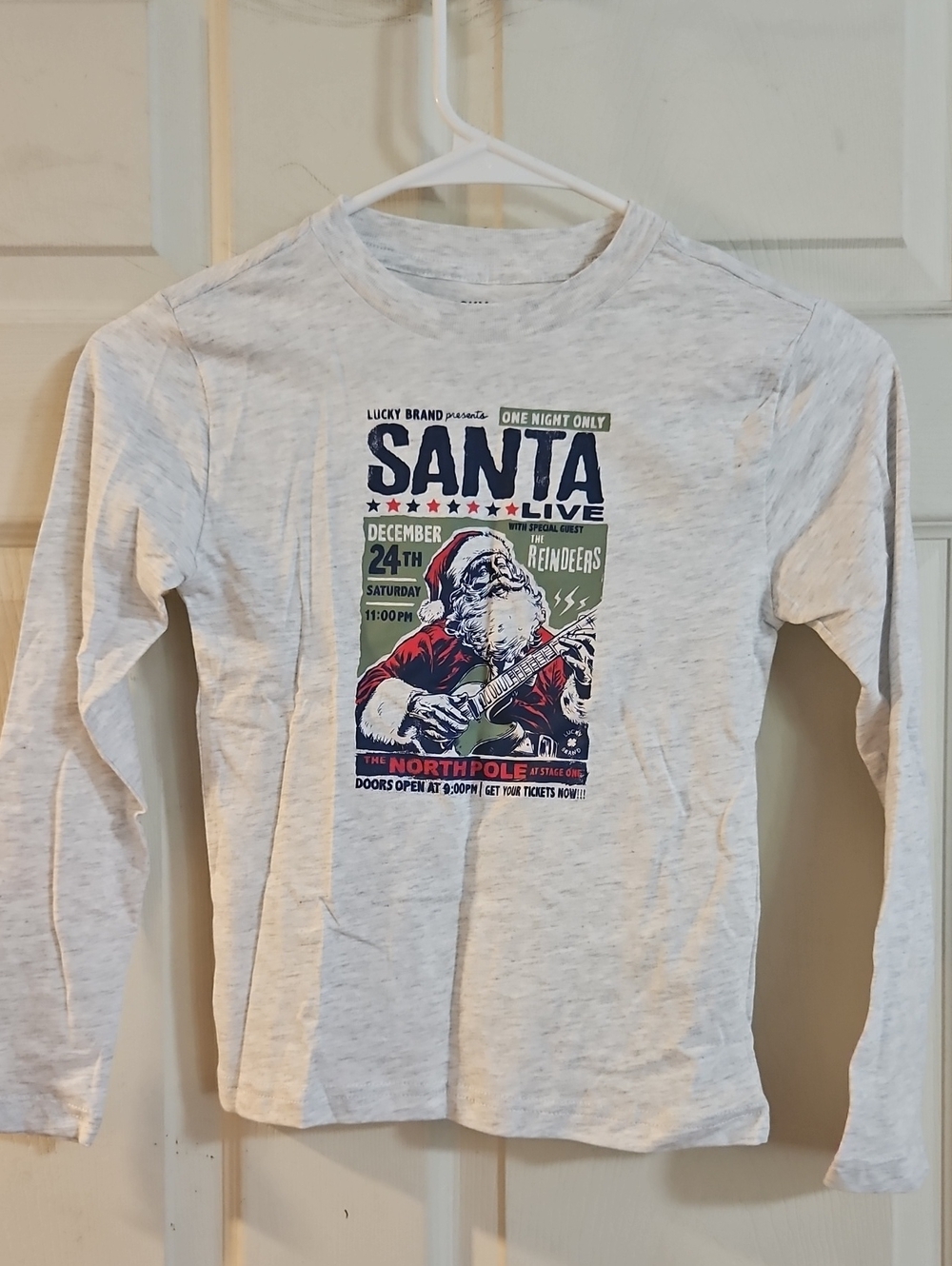 LUCKY BRAND SANTA LONG SLEEVE TEE: GRAY: NEW WITH TAGS: UNISEX: SIZE 7